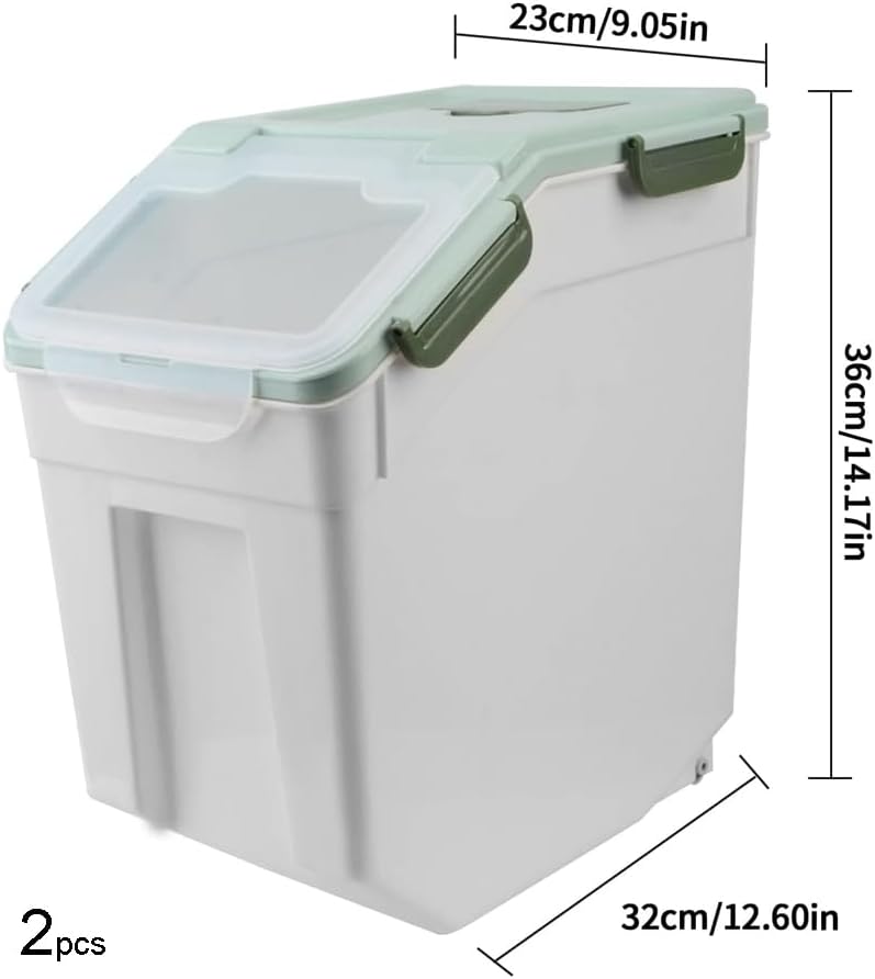 25LB Large Flour Storage Container Bin ,2 Pack Airtight Plastic with Wheels Seal Locking Lid Dispenser Organizer Storage Bin with Measuring Cup & Scoop for Flour, Rice, Grain 50LBS Total