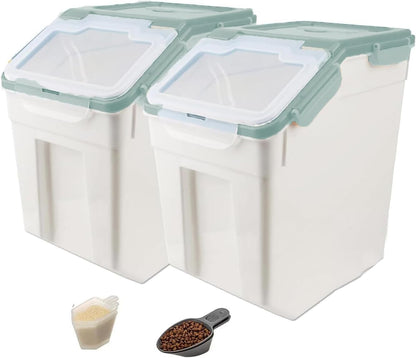 25LB Large Flour Storage Container Bin ,2 Pack Airtight Plastic with Wheels Seal Locking Lid Dispenser Organizer Storage Bin with Measuring Cup & Scoop for Flour, Rice, Grain 50LBS Total