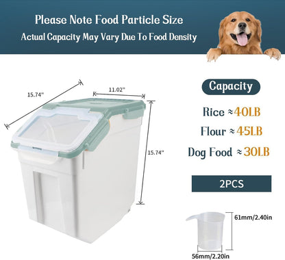 25LB Large Flour Storage Container Bin ,2 Pack Airtight Plastic with Wheels Seal Locking Lid Dispenser Organizer Storage Bin with Measuring Cup & Scoop for Flour, Rice, Grain 50LBS Total