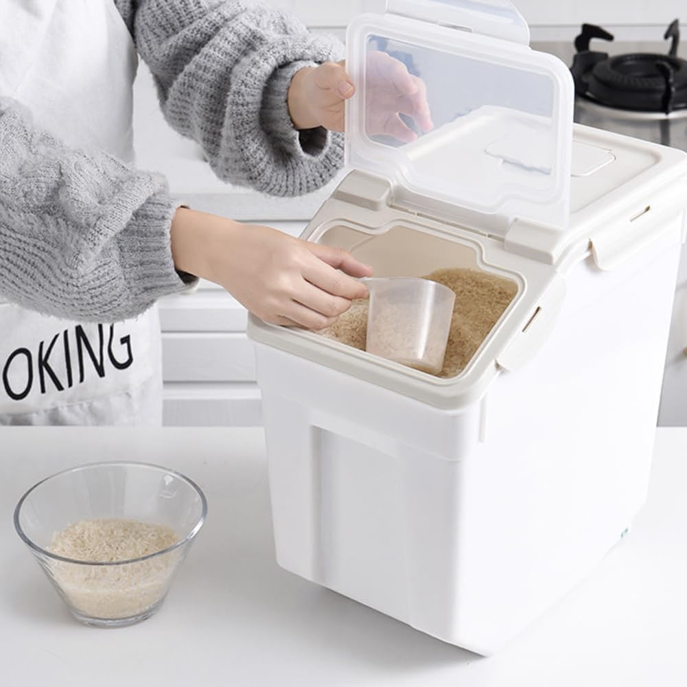25LB Large Flour Storage Container Bin ,2 Pack Airtight Plastic with Wheels Seal Locking Lid Dispenser Organizer Storage Bin with Measuring Cup & Scoop for Flour, Rice, Grain 50LBS Total