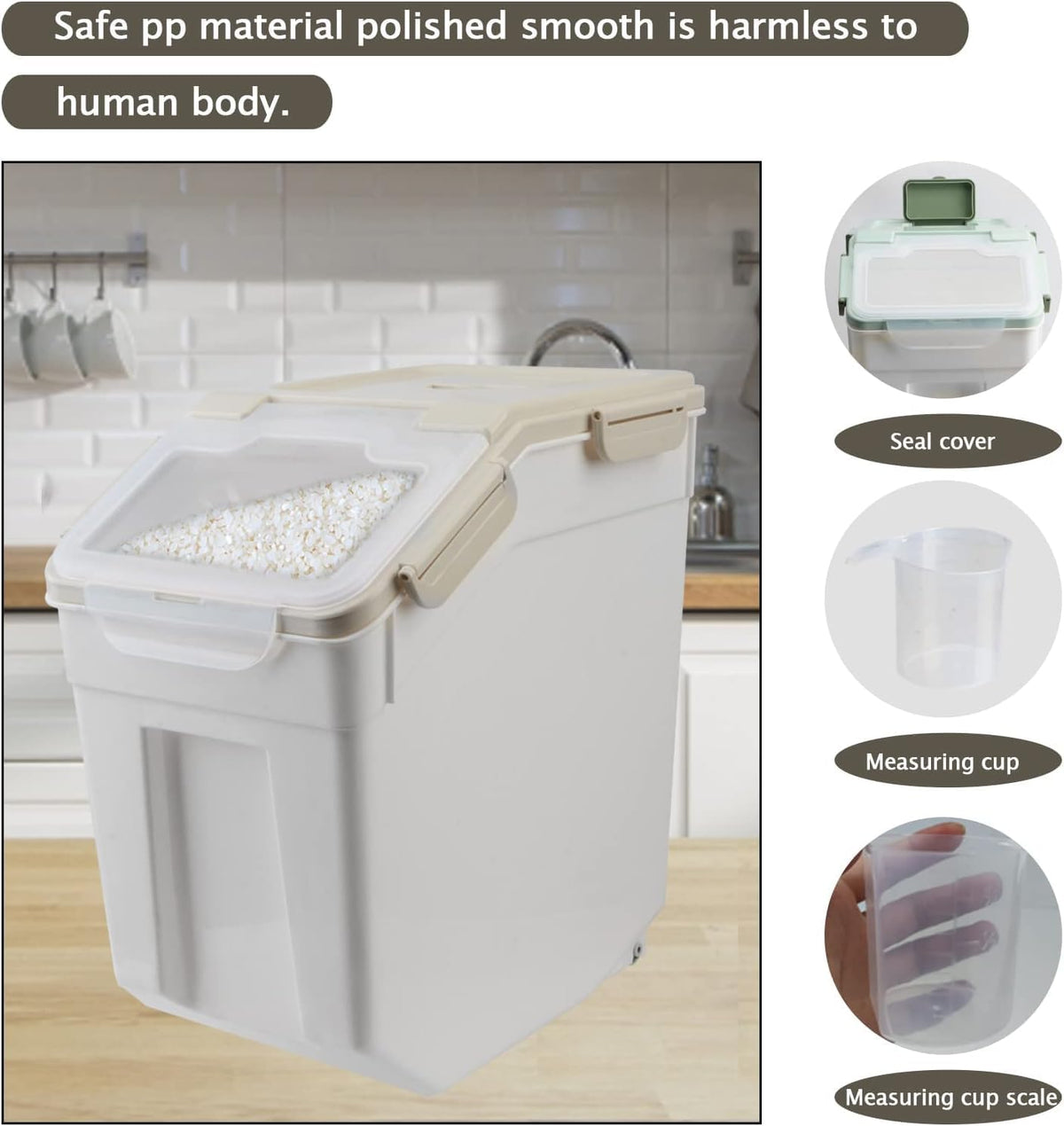 25LB Large Flour Storage Container Bin ,2 Pack Airtight Plastic with Wheels Seal Locking Lid Dispenser Organizer Storage Bin with Measuring Cup & Scoop for Flour, Rice, Grain 50LBS Total