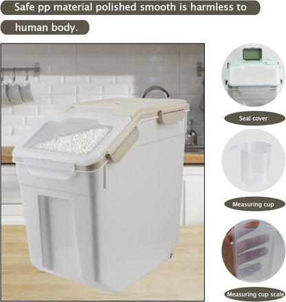 25LB Large Flour Storage Container Bin ,2 Pack Airtight Plastic with Wheels Seal Locking Lid Dispenser Organizer Storage Bin with Measuring Cup & Scoop for Flour, Rice, Grain 50LBS Total
