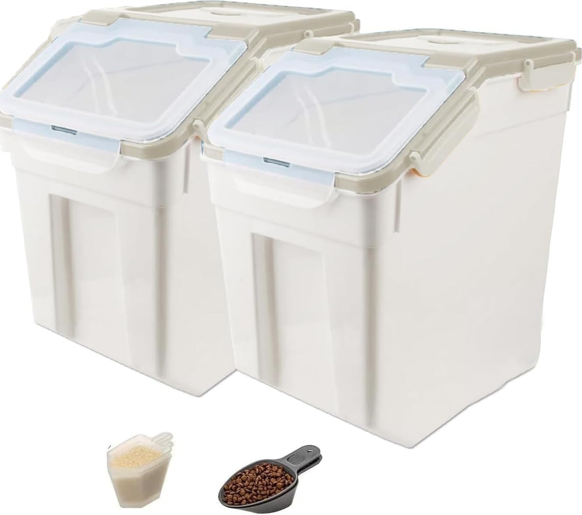 25LB Large Flour Storage Container Bin ,2 Pack Airtight Plastic with Wheels Seal Locking Lid Dispenser Organizer Storage Bin with Measuring Cup & Scoop for Flour, Rice, Grain 50LBS Total
