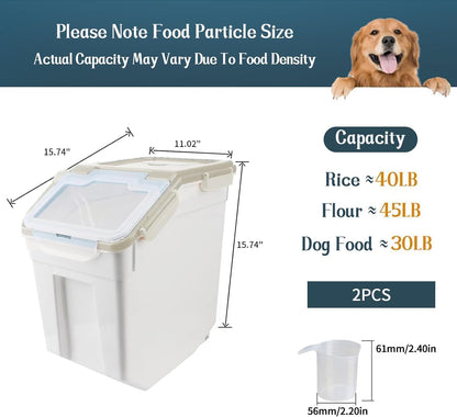 25LB Large Flour Storage Container Bin ,2 Pack Airtight Plastic with Wheels Seal Locking Lid Dispenser Organizer Storage Bin with Measuring Cup & Scoop for Flour, Rice, Grain 50LBS Total