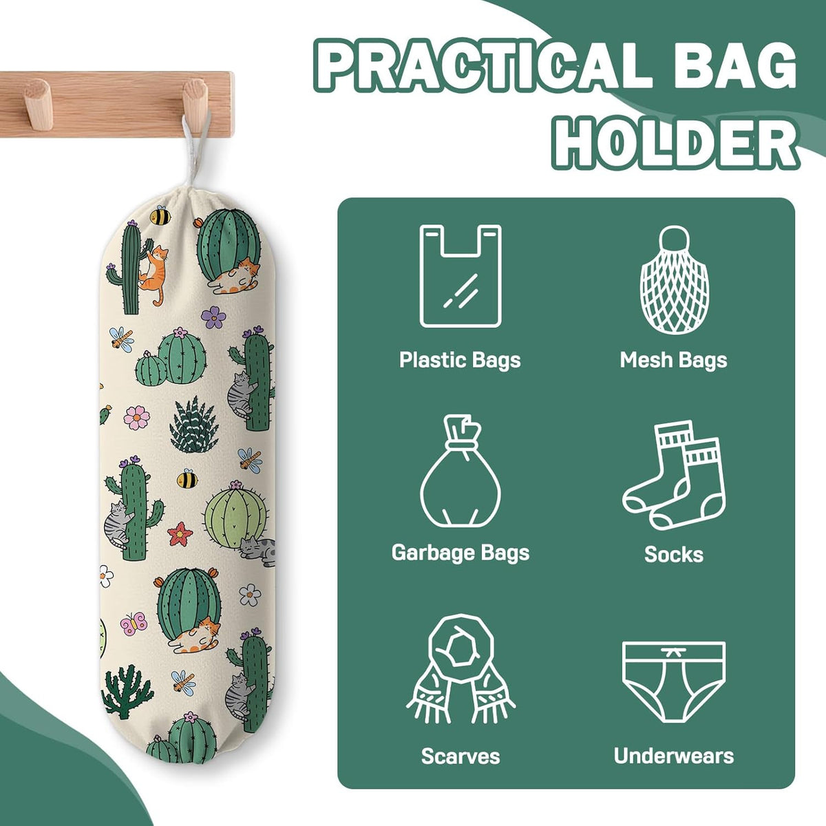 Plastic Bag Holder, Grocery Bag Organizer Storage, Kitchen Dispenser Holders Reusable Shopping with Free Adjustment Drawstring Closure for Home Kitchen Decor, Cat