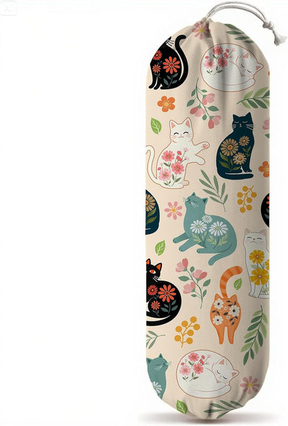 Plastic Bag Holder, Grocery Bag Organizer Storage, Kitchen Dispenser Holders Reusable Shopping with Free Adjustment Drawstring Closure for Home Kitchen Decor, Cat