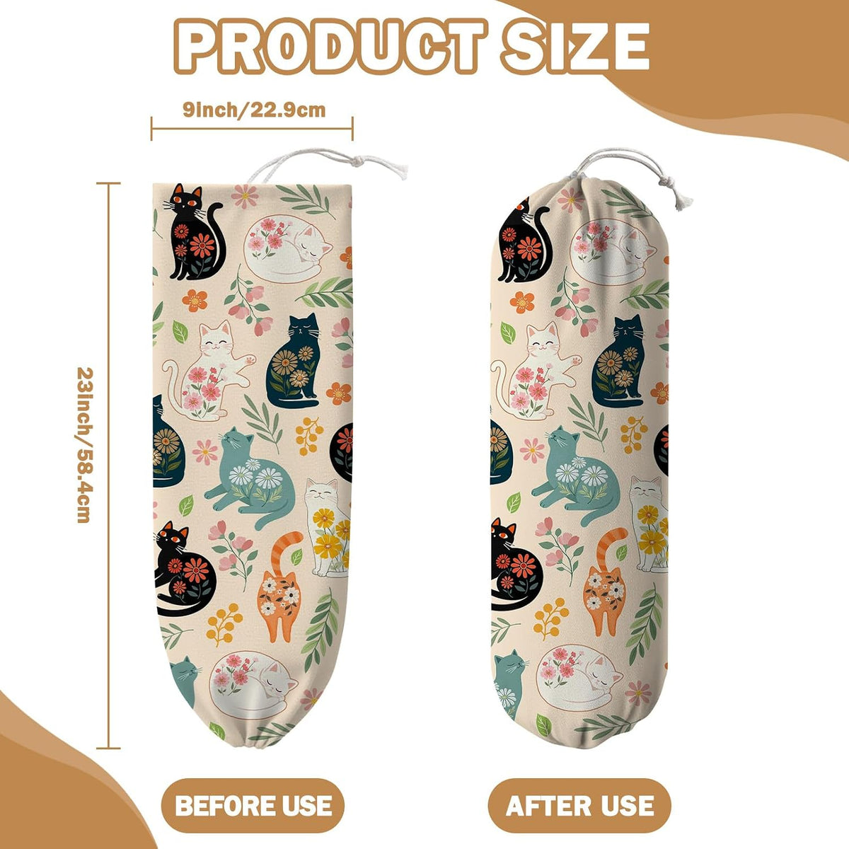 Plastic Bag Holder, Grocery Bag Organizer Storage, Kitchen Dispenser Holders Reusable Shopping with Free Adjustment Drawstring Closure for Home Kitchen Decor, Cat