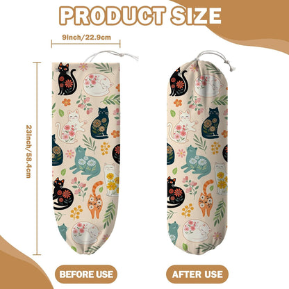 Plastic Bag Holder, Grocery Bag Organizer Storage, Kitchen Dispenser Holders Reusable Shopping with Free Adjustment Drawstring Closure for Home Kitchen Decor, Cat