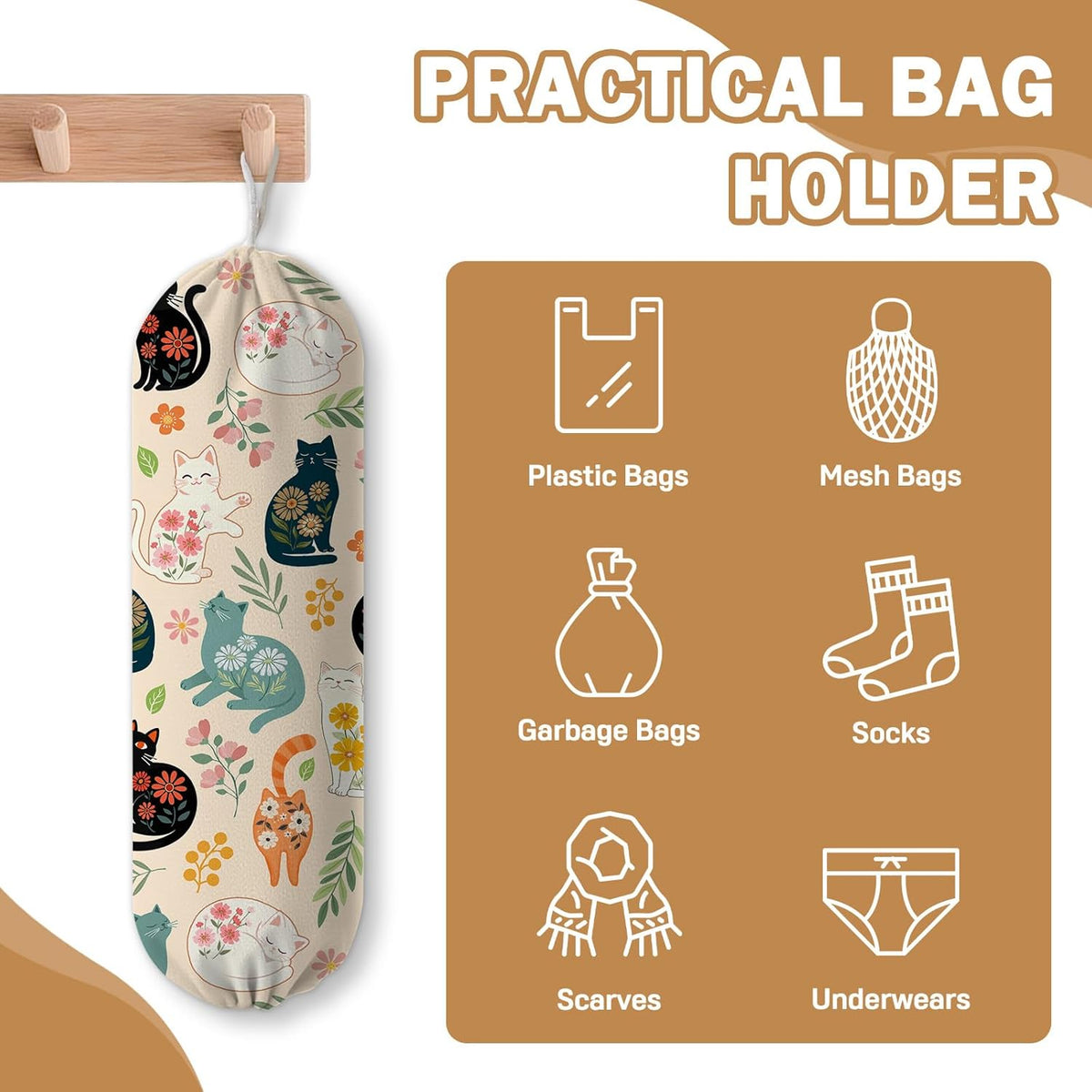 Plastic Bag Holder, Grocery Bag Organizer Storage, Kitchen Dispenser Holders Reusable Shopping with Free Adjustment Drawstring Closure for Home Kitchen Decor, Cat