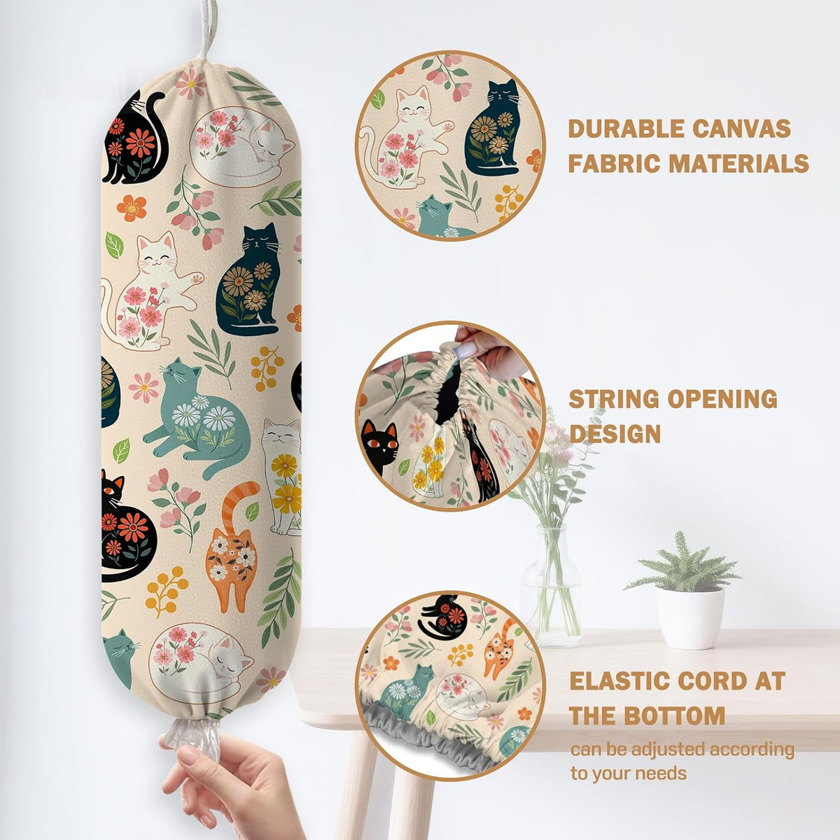 Plastic Bag Holder, Grocery Bag Organizer Storage, Kitchen Dispenser Holders Reusable Shopping with Free Adjustment Drawstring Closure for Home Kitchen Decor, Cat