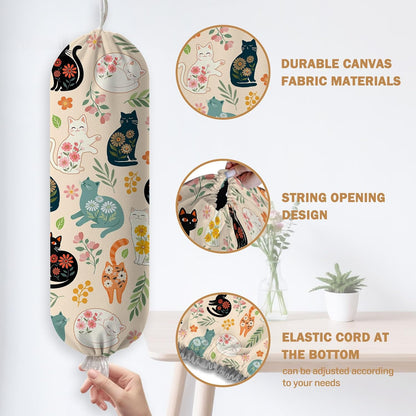 Plastic Bag Holder, Grocery Bag Organizer Storage, Kitchen Dispenser Holders Reusable Shopping with Free Adjustment Drawstring Closure for Home Kitchen Decor, Cat