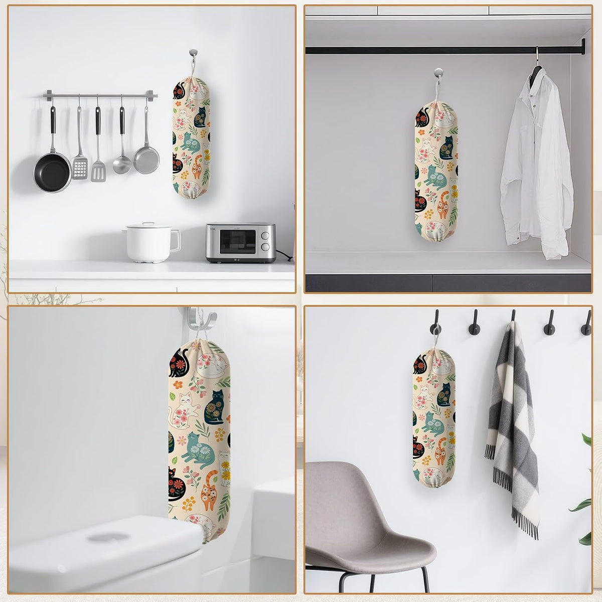 Plastic Bag Holder, Grocery Bag Organizer Storage, Kitchen Dispenser Holders Reusable Shopping with Free Adjustment Drawstring Closure for Home Kitchen Decor, Cat
