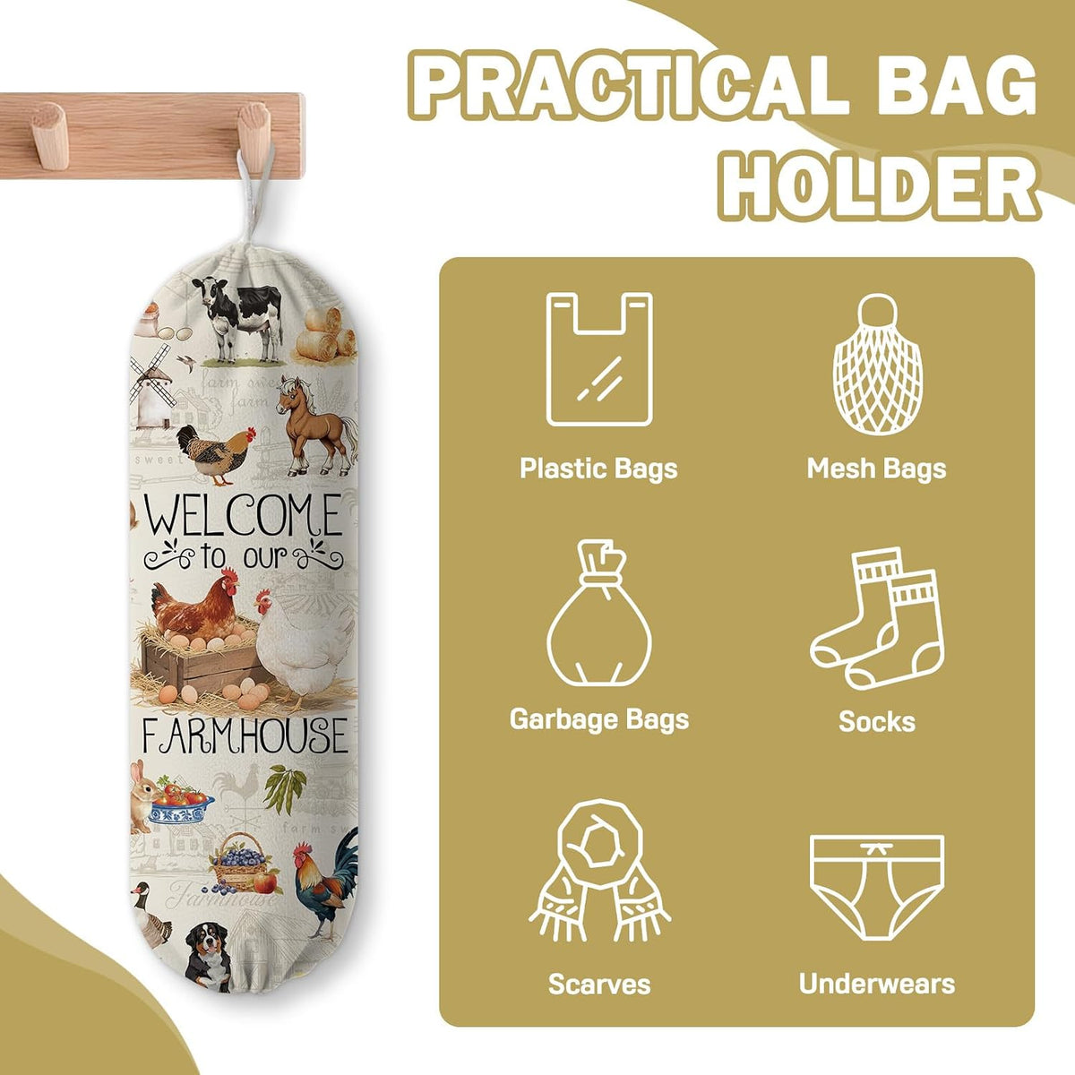 Plastic Bag Holder, Grocery Bag Organizer Storage, Kitchen Dispenser Holders Reusable Shopping with Free Adjustment Drawstring Closure for Home Kitchen Decor, Cat