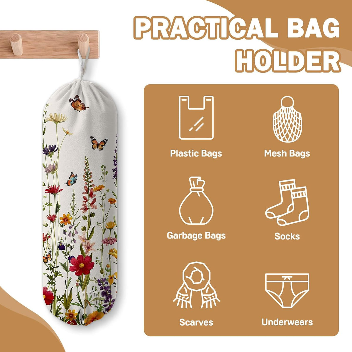 Plastic Bag Holder, Grocery Bag Organizer Storage, Kitchen Dispenser Holders Reusable Shopping with Free Adjustment Drawstring Closure for Home Kitchen Decor, Cat