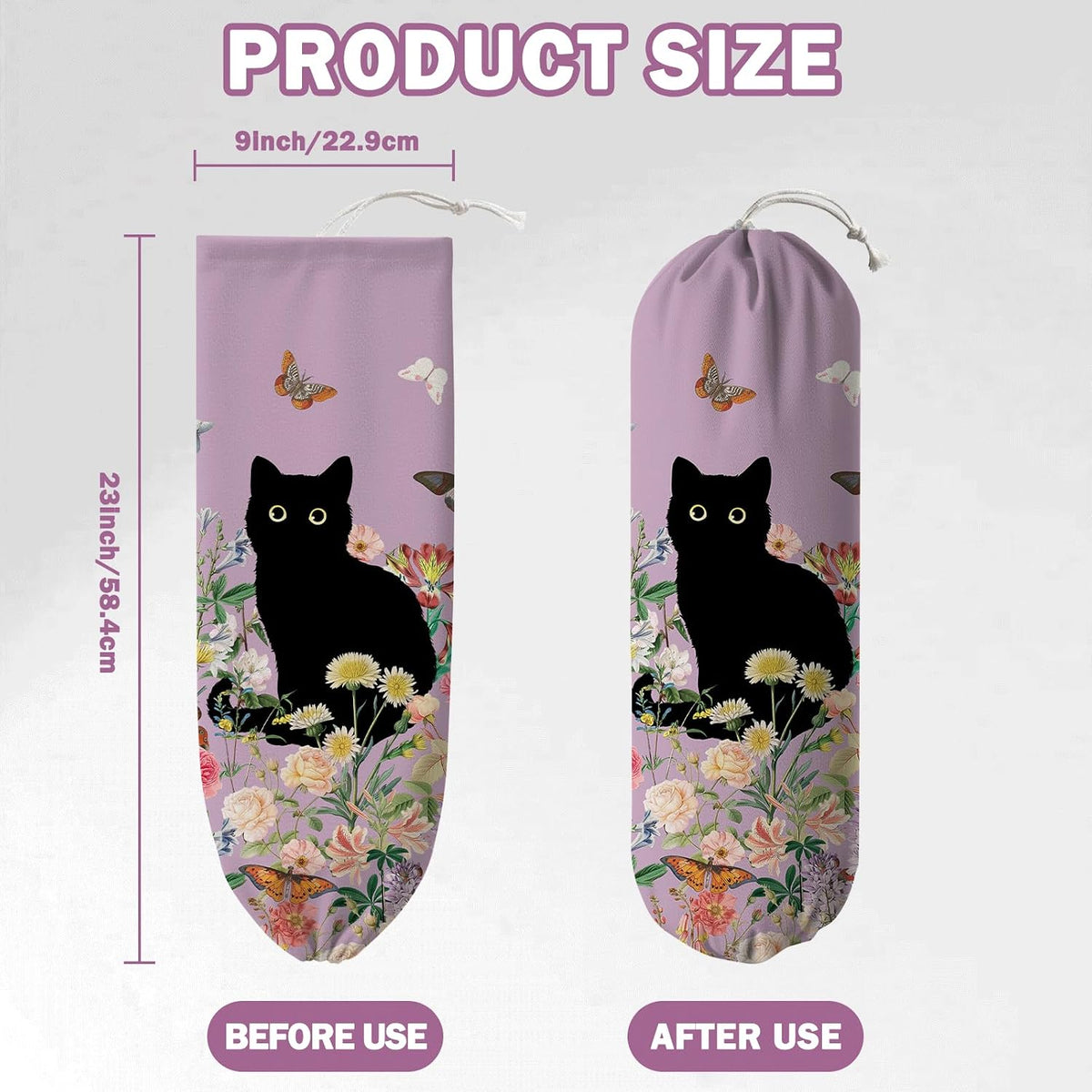 Plastic Bag Holder, Grocery Bag Organizer Storage, Kitchen Dispenser Holders Reusable Shopping with Free Adjustment Drawstring Closure for Home Kitchen Decor, Cat