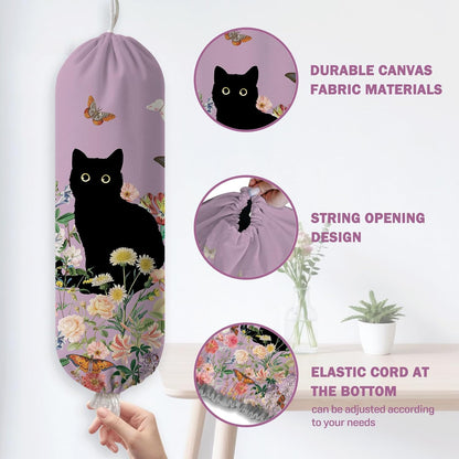 Plastic Bag Holder, Grocery Bag Organizer Storage, Kitchen Dispenser Holders Reusable Shopping with Free Adjustment Drawstring Closure for Home Kitchen Decor, Cat