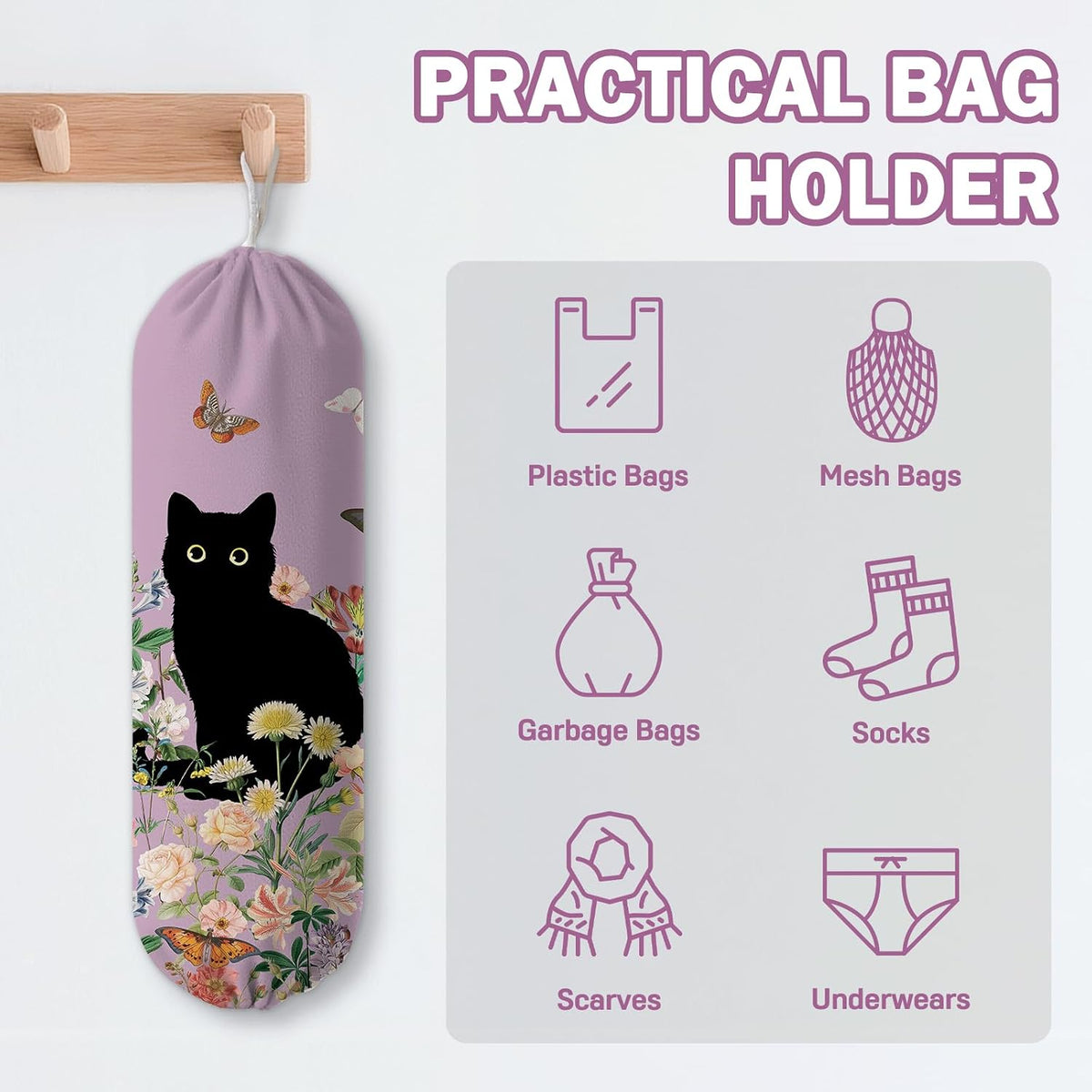 Plastic Bag Holder, Grocery Bag Organizer Storage, Kitchen Dispenser Holders Reusable Shopping with Free Adjustment Drawstring Closure for Home Kitchen Decor, Cat
