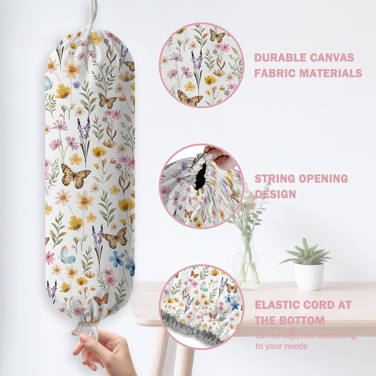 Plastic Bag Holder, Grocery Bag Organizer Storage, Kitchen Dispenser Holders Reusable Shopping with Free Adjustment Drawstring Closure for Home Kitchen Decor, Cat