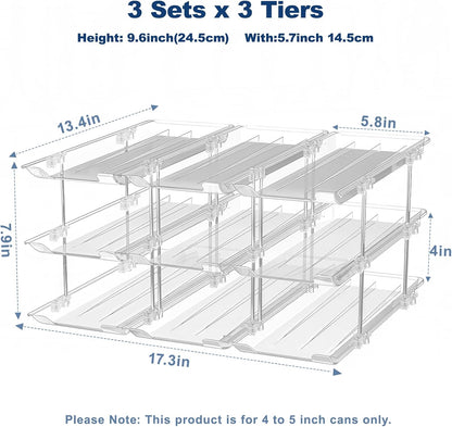 Can Organizer For Pantry,3 Sets 3 Tiers Pantry Organizers And Storage, Pantry Organizer for Fridge 36 Standard and Tall Cans Rack Automatic Rolling Stackable Canned Food Organizer, Clear