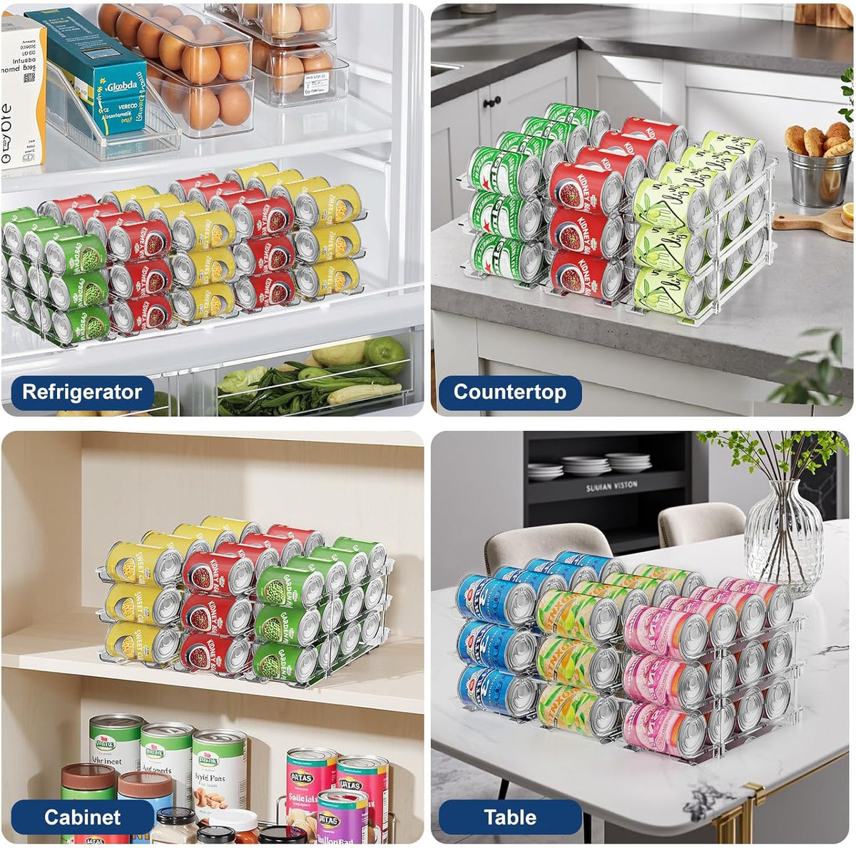 Can Organizer For Pantry,3 Sets 3 Tiers Pantry Organizers And Storage, Pantry Organizer for Fridge 36 Standard and Tall Cans Rack Automatic Rolling Stackable Canned Food Organizer, Clear