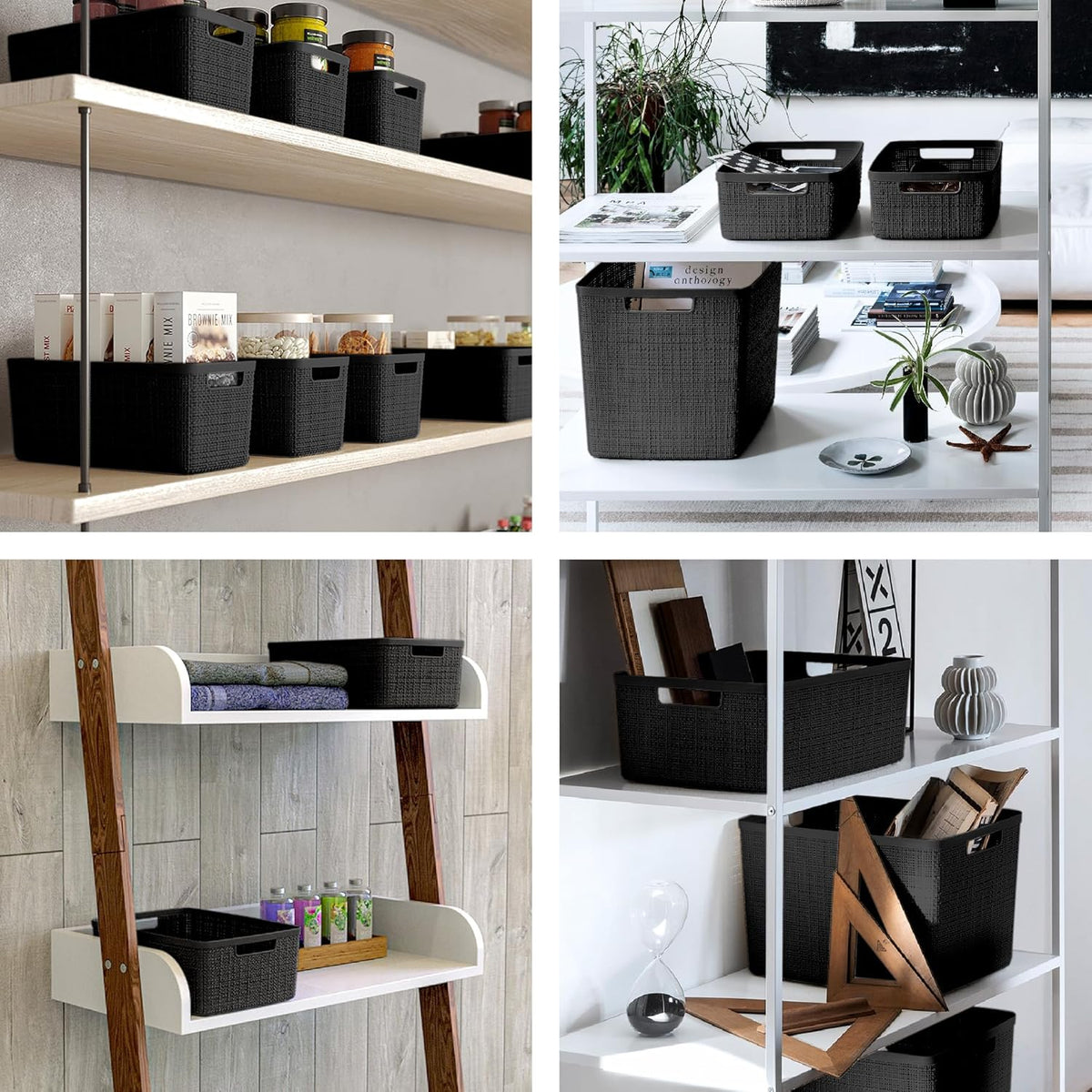 Curver Set of 4 Large 20L Jute Decorative Plastic Organization and Storage Baskets - Perfect Bins for Home Office, Closet Shelves, Kitchen Pantry and All Bedroom Essentials, White