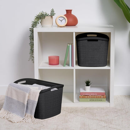 Curver Set of 4 Large 20L Jute Decorative Plastic Organization and Storage Baskets - Perfect Bins for Home Office, Closet Shelves, Kitchen Pantry and All Bedroom Essentials, White