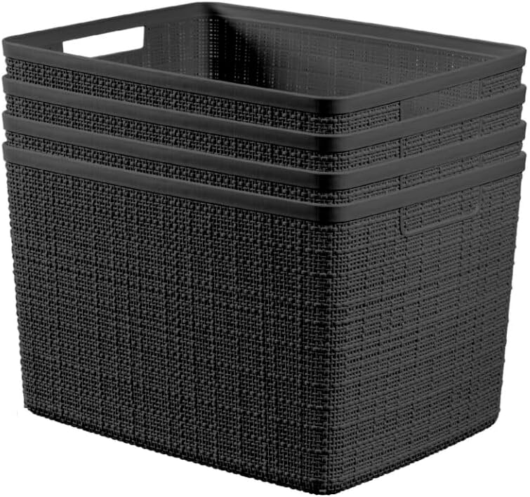 Curver Set of 4 Large 20L Jute Decorative Plastic Organization and Storage Baskets - Perfect Bins for Home Office, Closet Shelves, Kitchen Pantry and All Bedroom Essentials, White