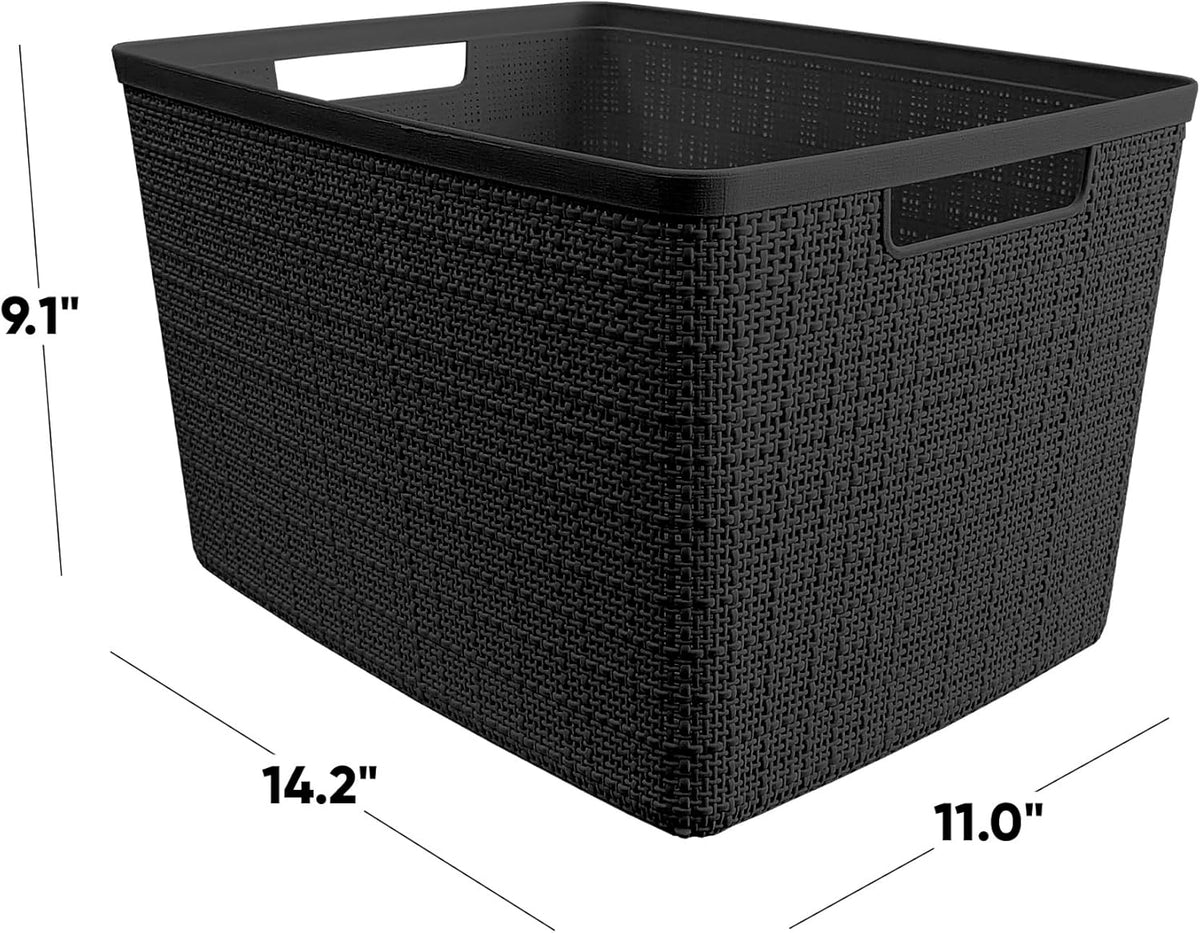 Curver Set of 4 Large 20L Jute Decorative Plastic Organization and Storage Baskets - Perfect Bins for Home Office, Closet Shelves, Kitchen Pantry and All Bedroom Essentials, White