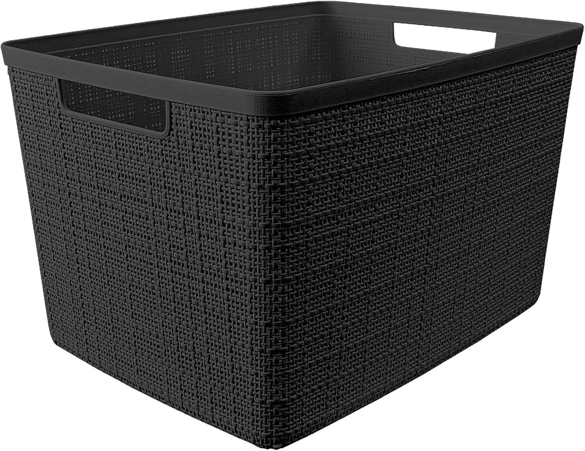 Curver Set of 4 Large 20L Jute Decorative Plastic Organization and Storage Baskets - Perfect Bins for Home Office, Closet Shelves, Kitchen Pantry and All Bedroom Essentials, White