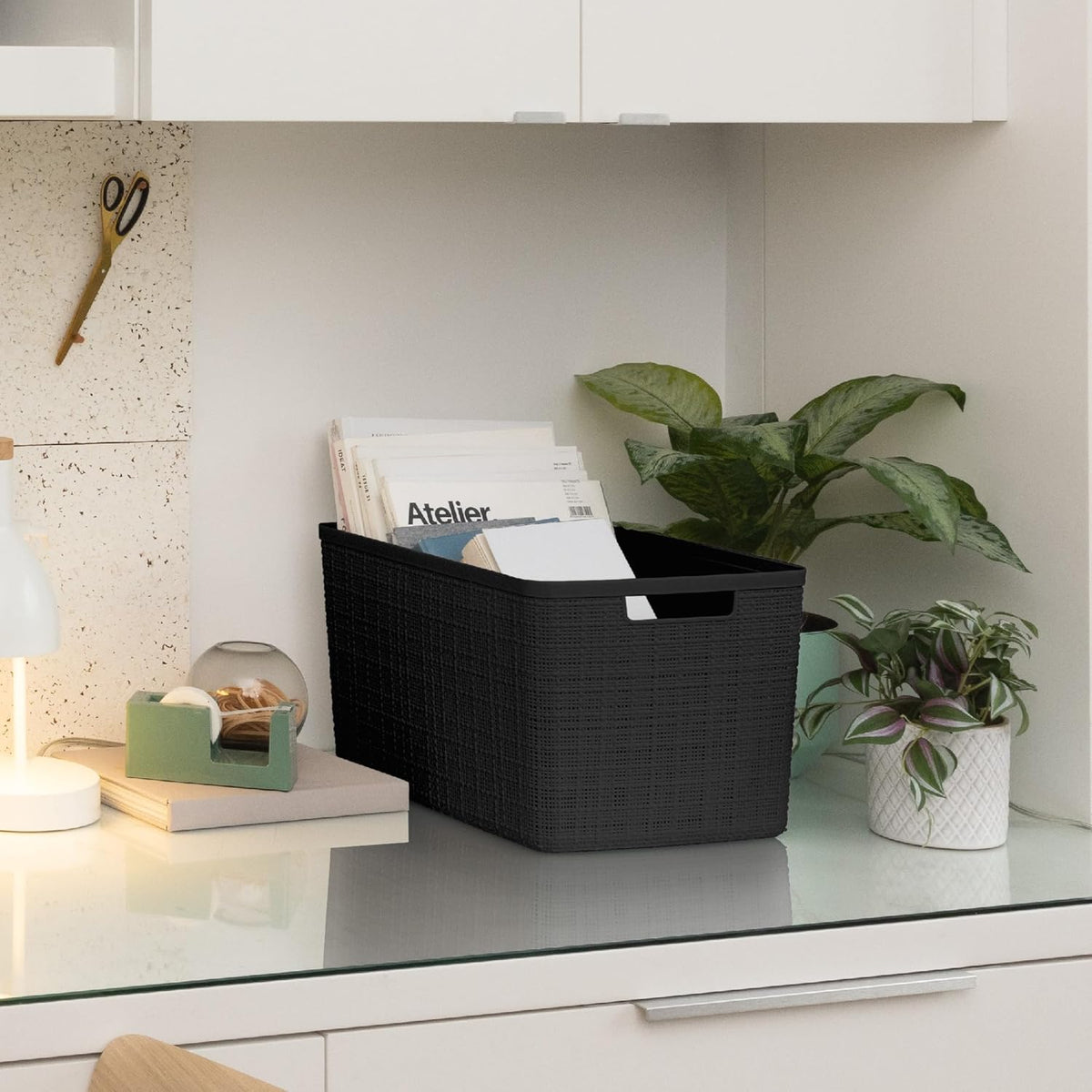 Curver Set of 4 Large 20L Jute Decorative Plastic Organization and Storage Baskets - Perfect Bins for Home Office, Closet Shelves, Kitchen Pantry and All Bedroom Essentials, White