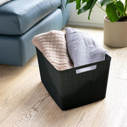 Curver Set of 4 Large 20L Jute Decorative Plastic Organization and Storage Baskets - Perfect Bins for Home Office, Closet Shelves, Kitchen Pantry and All Bedroom Essentials, White