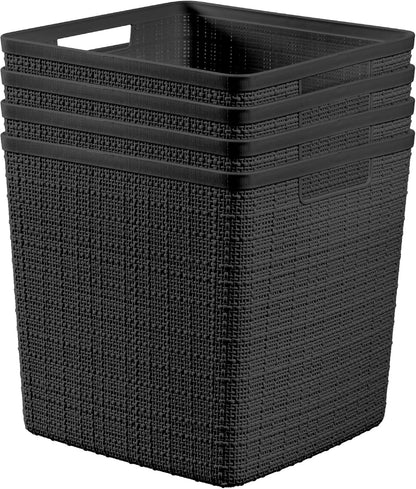 Curver Set of 4 Large 20L Jute Decorative Plastic Organization and Storage Baskets - Perfect Bins for Home Office, Closet Shelves, Kitchen Pantry and All Bedroom Essentials, White