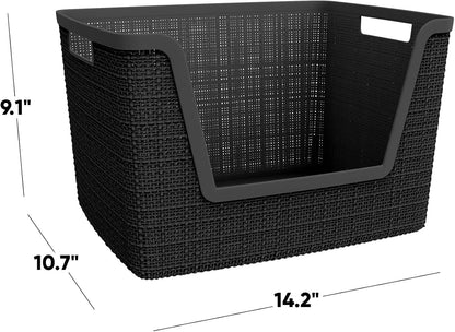 Curver Set of 4 Large 20L Jute Decorative Plastic Organization and Storage Baskets - Perfect Bins for Home Office, Closet Shelves, Kitchen Pantry and All Bedroom Essentials, White