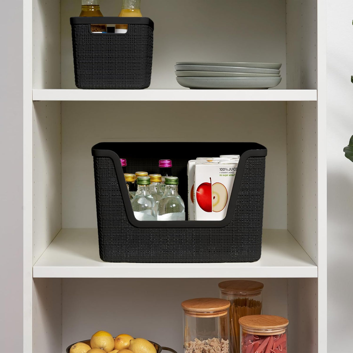 Curver Set of 4 Large 20L Jute Decorative Plastic Organization and Storage Baskets - Perfect Bins for Home Office, Closet Shelves, Kitchen Pantry and All Bedroom Essentials, White