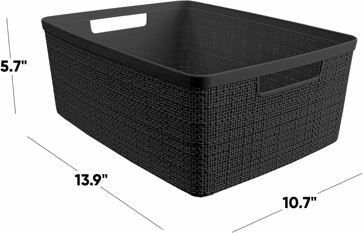 Curver Set of 4 Large 20L Jute Decorative Plastic Organization and Storage Baskets - Perfect Bins for Home Office, Closet Shelves, Kitchen Pantry and All Bedroom Essentials, White