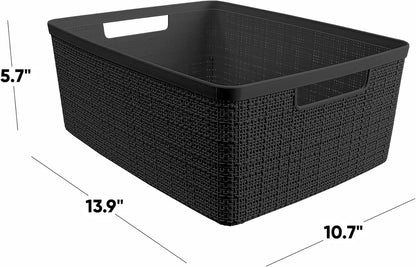 Curver Set of 4 Large 20L Jute Decorative Plastic Organization and Storage Baskets - Perfect Bins for Home Office, Closet Shelves, Kitchen Pantry and All Bedroom Essentials, White