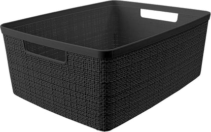 Curver Set of 4 Large 20L Jute Decorative Plastic Organization and Storage Baskets - Perfect Bins for Home Office, Closet Shelves, Kitchen Pantry and All Bedroom Essentials, White