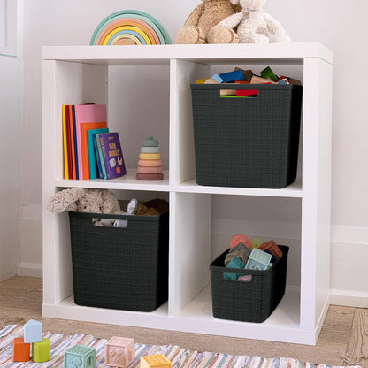 Curver Set of 4 Large 20L Jute Decorative Plastic Organization and Storage Baskets - Perfect Bins for Home Office, Closet Shelves, Kitchen Pantry and All Bedroom Essentials, White