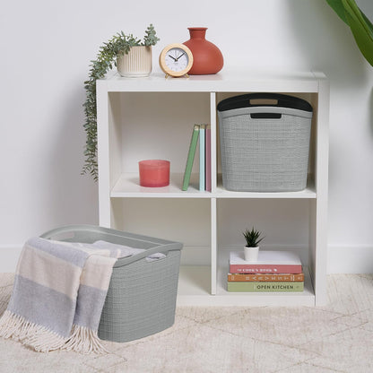 Curver Set of 4 Large 20L Jute Decorative Plastic Organization and Storage Baskets - Perfect Bins for Home Office, Closet Shelves, Kitchen Pantry and All Bedroom Essentials, White