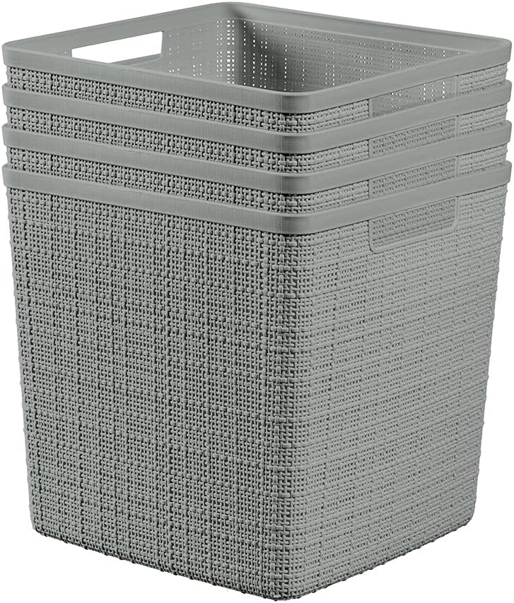 Curver Set of 4 Large 20L Jute Decorative Plastic Organization and Storage Baskets - Perfect Bins for Home Office, Closet Shelves, Kitchen Pantry and All Bedroom Essentials, White