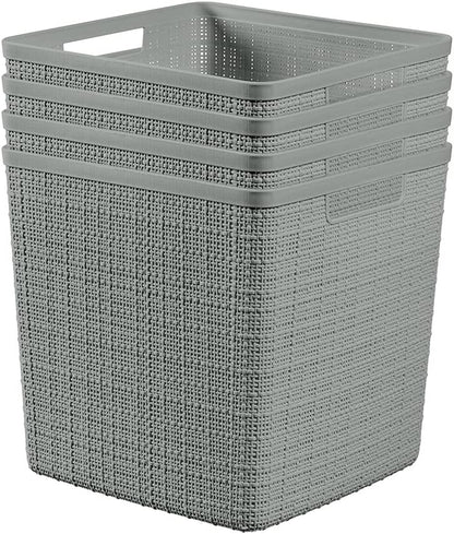 Curver Set of 4 Large 20L Jute Decorative Plastic Organization and Storage Baskets - Perfect Bins for Home Office, Closet Shelves, Kitchen Pantry and All Bedroom Essentials, White