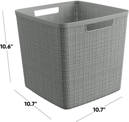 Curver Set of 4 Large 20L Jute Decorative Plastic Organization and Storage Baskets - Perfect Bins for Home Office, Closet Shelves, Kitchen Pantry and All Bedroom Essentials, White