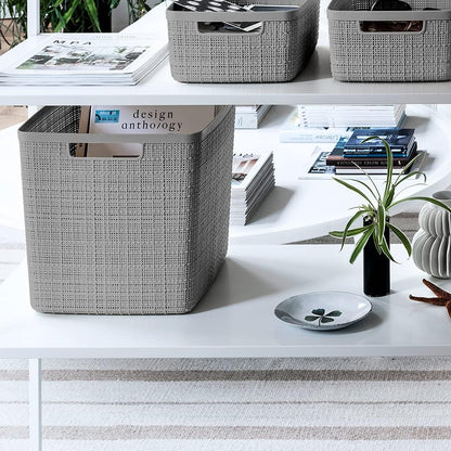 Curver Set of 4 Large 20L Jute Decorative Plastic Organization and Storage Baskets - Perfect Bins for Home Office, Closet Shelves, Kitchen Pantry and All Bedroom Essentials, White