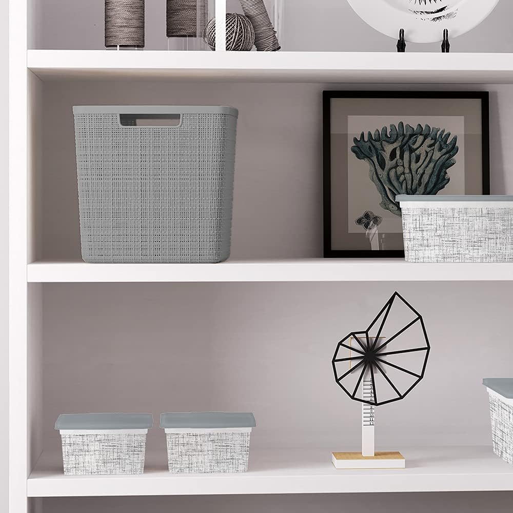 Curver Set of 4 Large 20L Jute Decorative Plastic Organization and Storage Baskets - Perfect Bins for Home Office, Closet Shelves, Kitchen Pantry and All Bedroom Essentials, White