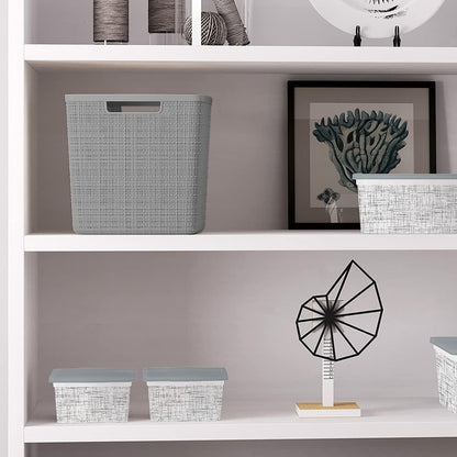 Curver Set of 4 Large 20L Jute Decorative Plastic Organization and Storage Baskets - Perfect Bins for Home Office, Closet Shelves, Kitchen Pantry and All Bedroom Essentials, White