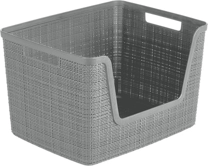 Curver Set of 4 Large 20L Jute Decorative Plastic Organization and Storage Baskets - Perfect Bins for Home Office, Closet Shelves, Kitchen Pantry and All Bedroom Essentials, White