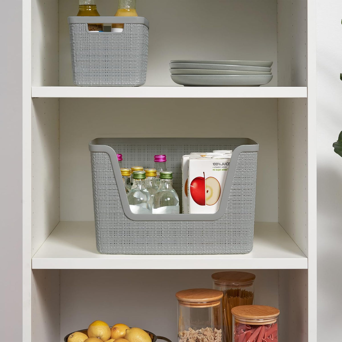 Curver Set of 4 Large 20L Jute Decorative Plastic Organization and Storage Baskets - Perfect Bins for Home Office, Closet Shelves, Kitchen Pantry and All Bedroom Essentials, White