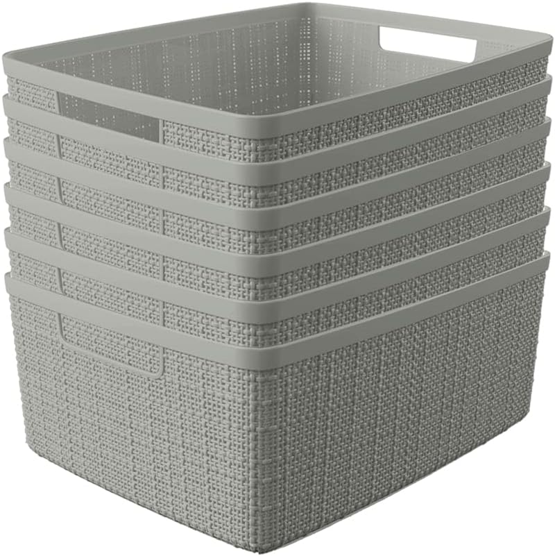 Curver Set of 4 Large 20L Jute Decorative Plastic Organization and Storage Baskets - Perfect Bins for Home Office, Closet Shelves, Kitchen Pantry and All Bedroom Essentials, White
