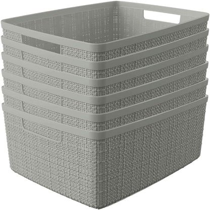 Curver Set of 4 Large 20L Jute Decorative Plastic Organization and Storage Baskets - Perfect Bins for Home Office, Closet Shelves, Kitchen Pantry and All Bedroom Essentials, White
