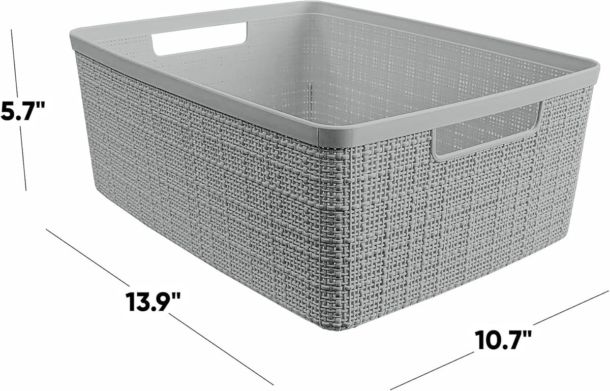 Curver Set of 4 Large 20L Jute Decorative Plastic Organization and Storage Baskets - Perfect Bins for Home Office, Closet Shelves, Kitchen Pantry and All Bedroom Essentials, White